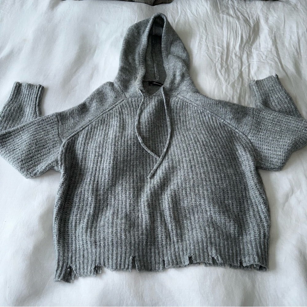 New Olivaceous Ribbed Knit Hooded Sweater - M